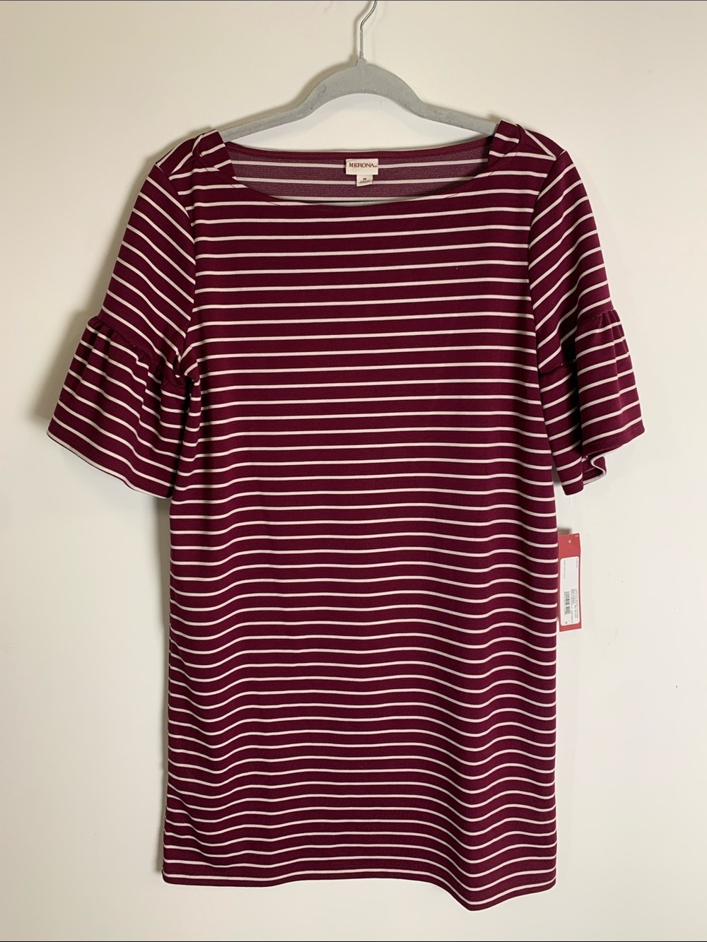 Merona Burgundy & White Striped Ruffle Sleeve Dress
